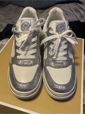 Michael Kors White and Silver Glitter Lace-Up Sneakers